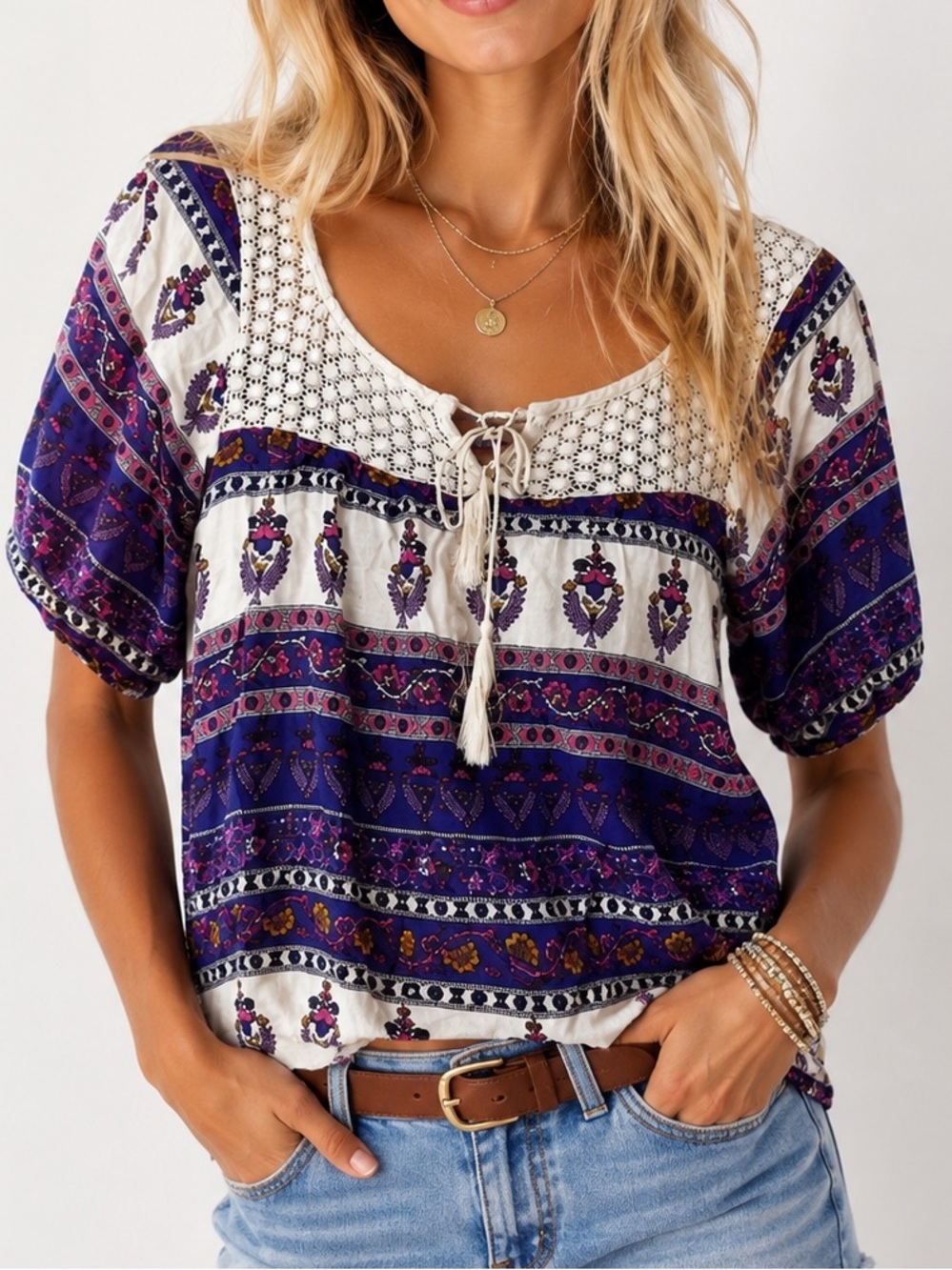 Crochet Lace Paisley Print Peasant Blouse Top M